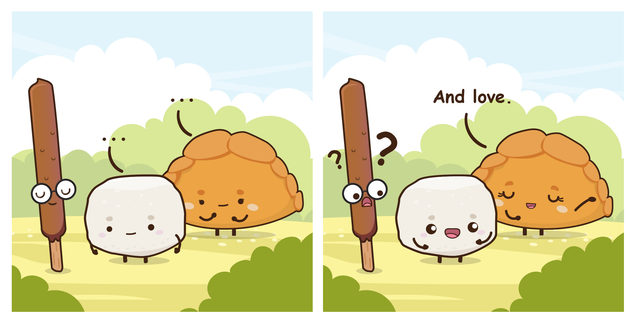 Two-panel cartoon: stick, marshmallow, and pie; second panel says And love, with question marks by stick.